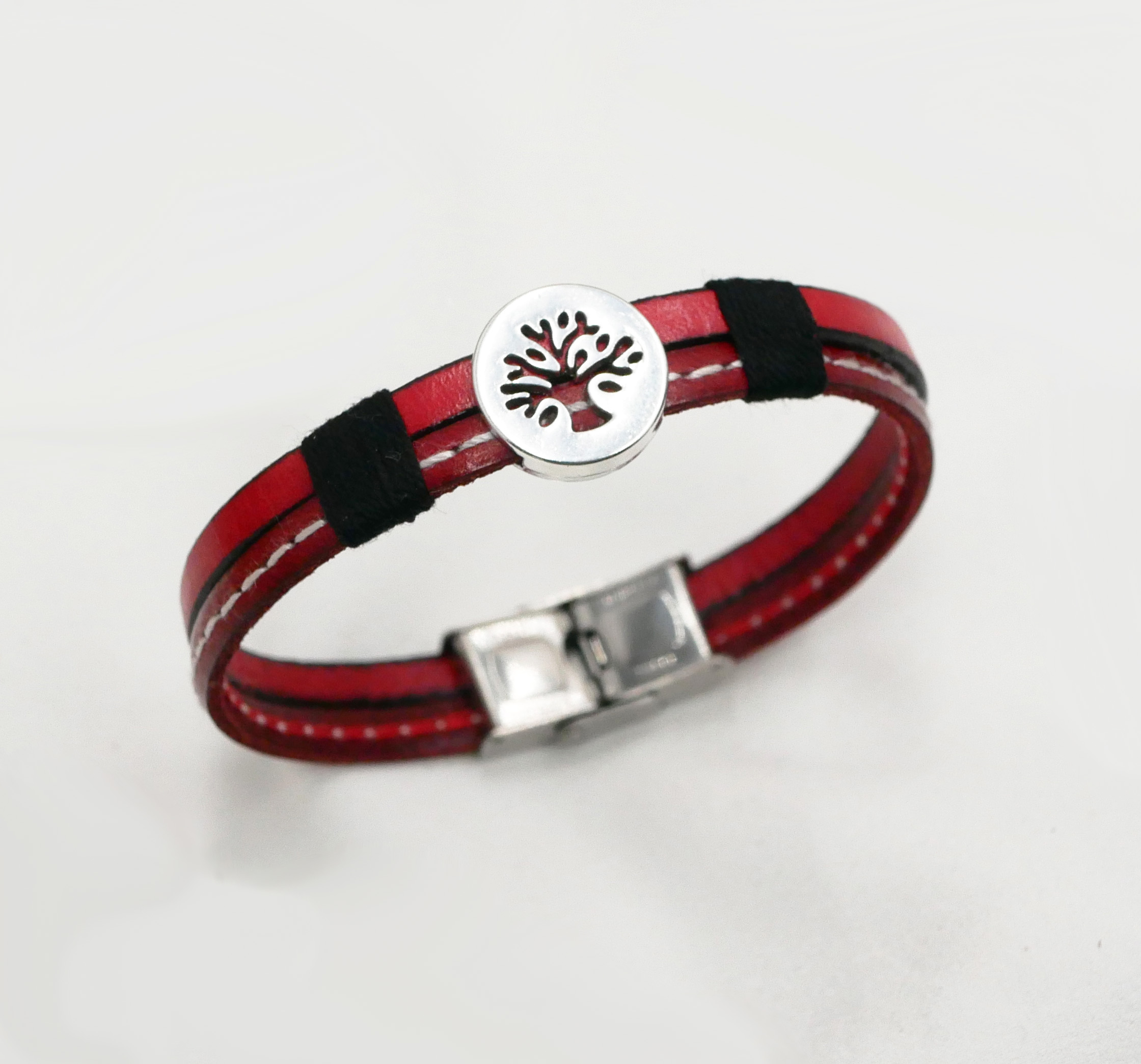 Pulsera para hombre en dúo de cuero rojo con pespuntes Árbol de la vida personalizable 