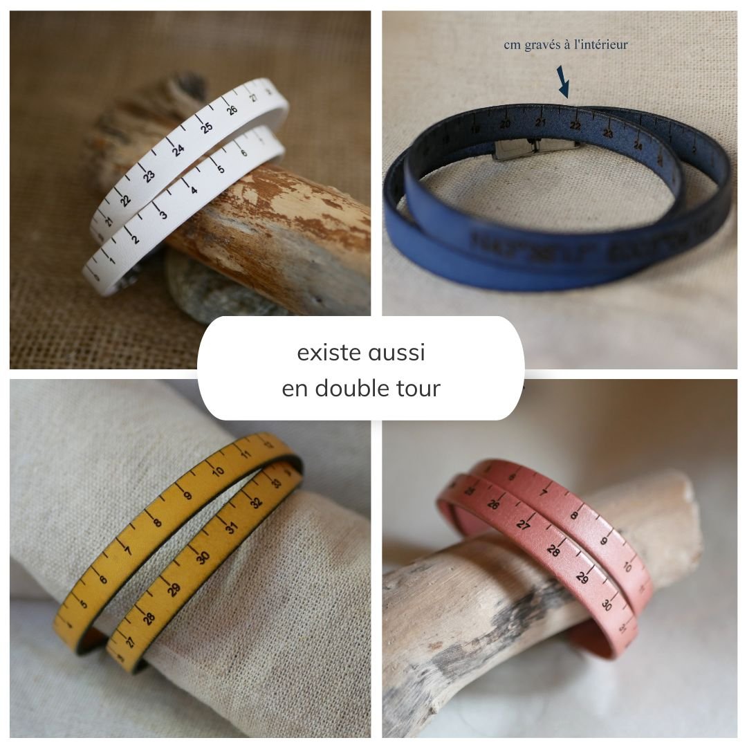 Pulsera del metro de costura en cuero, grabada en cm y personalizable en el reverso