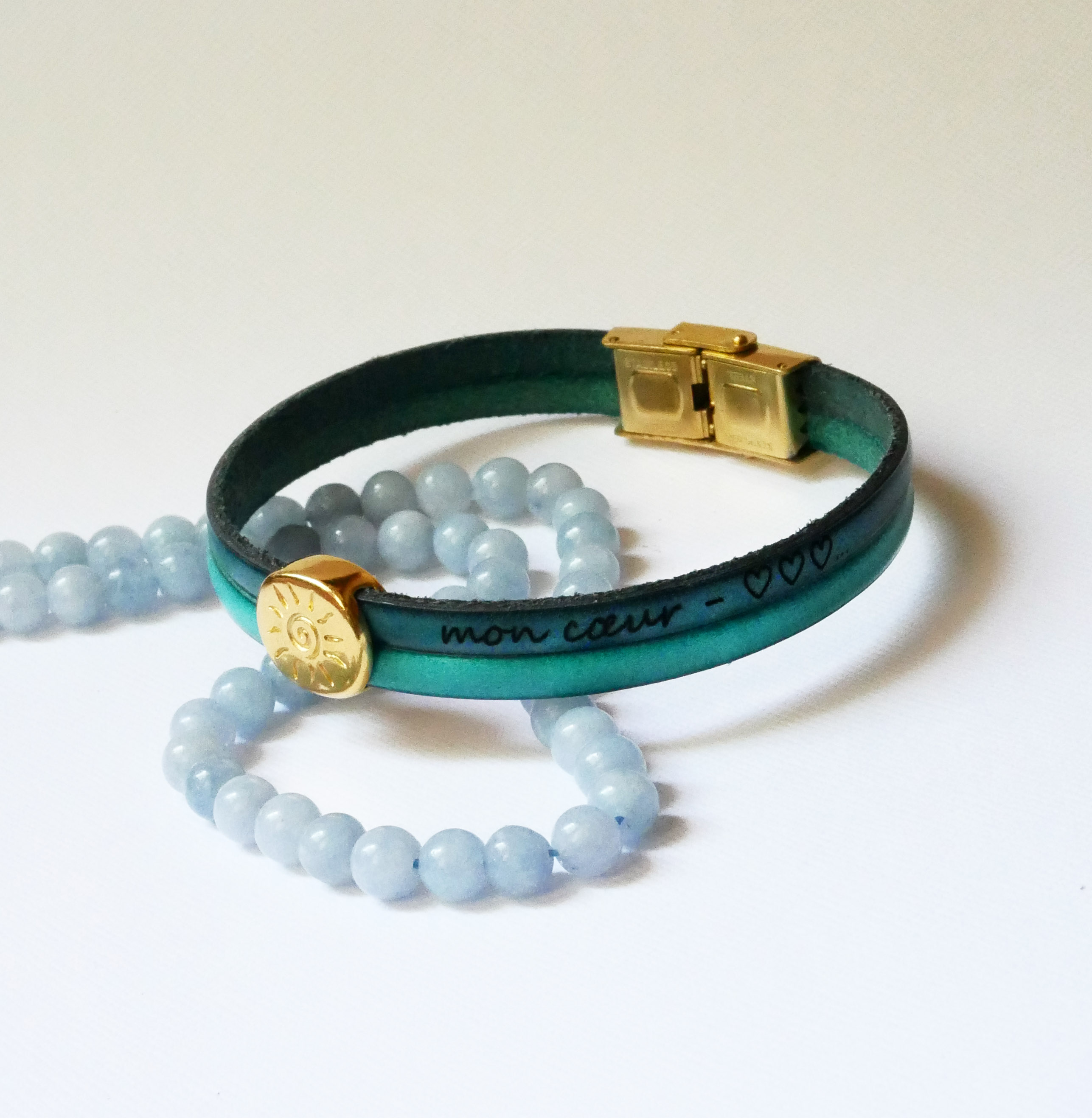 Pulsera de oro Soleil en dúo de pieles para personalizar y grabar