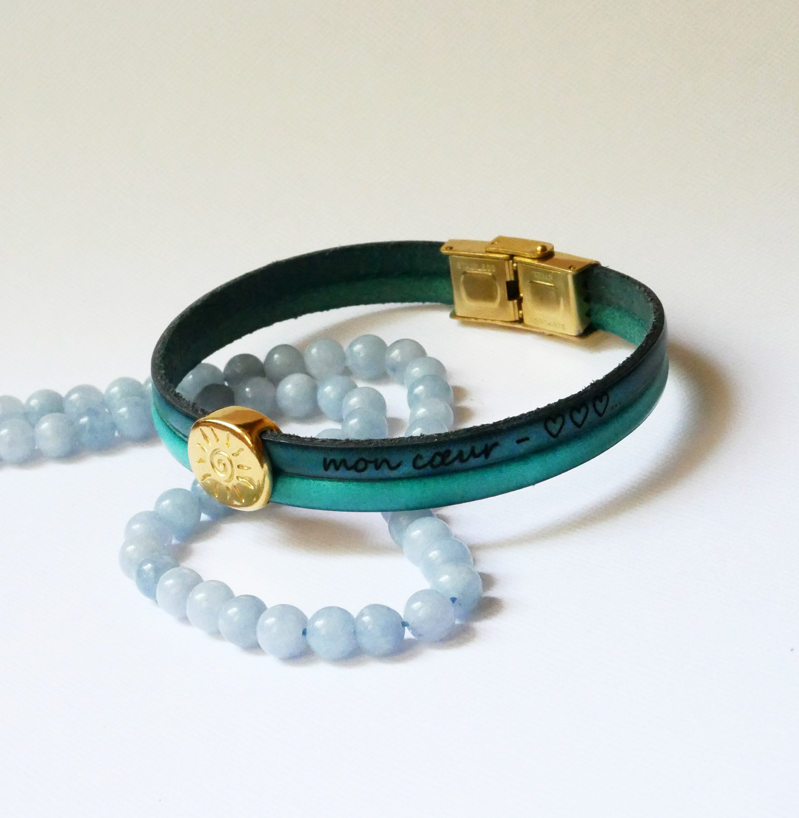 Pulsera de oro Soleil en d&uacute;o de pieles para personalizar y grabar