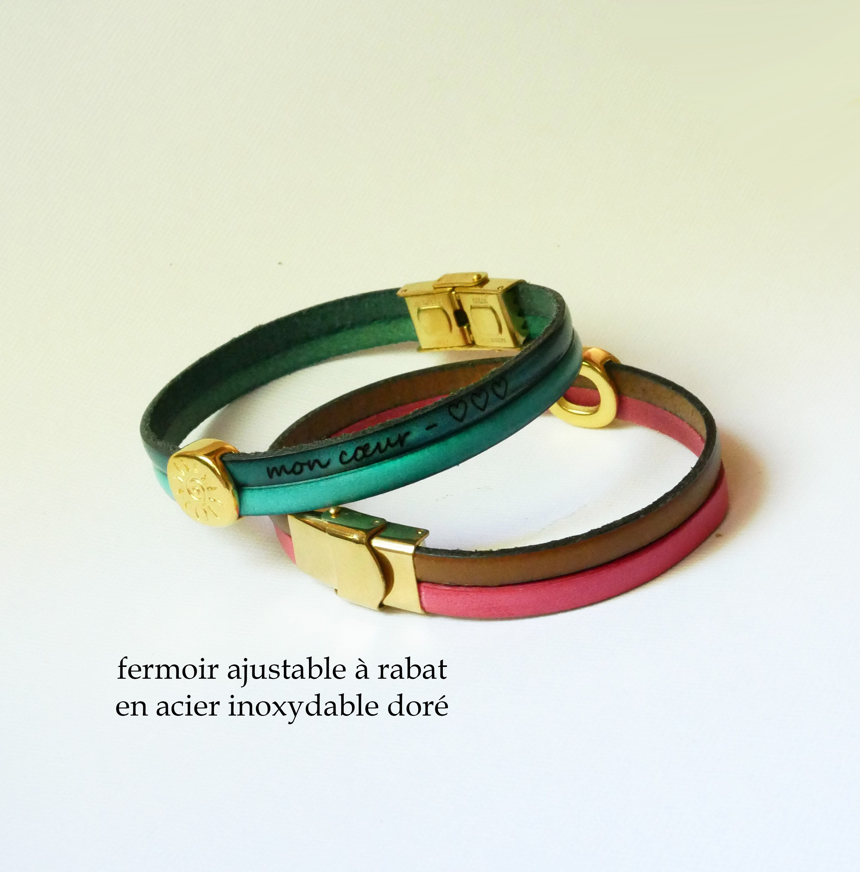 Pulsera de oro Soleil en d&uacute;o de pieles para personalizar y grabar