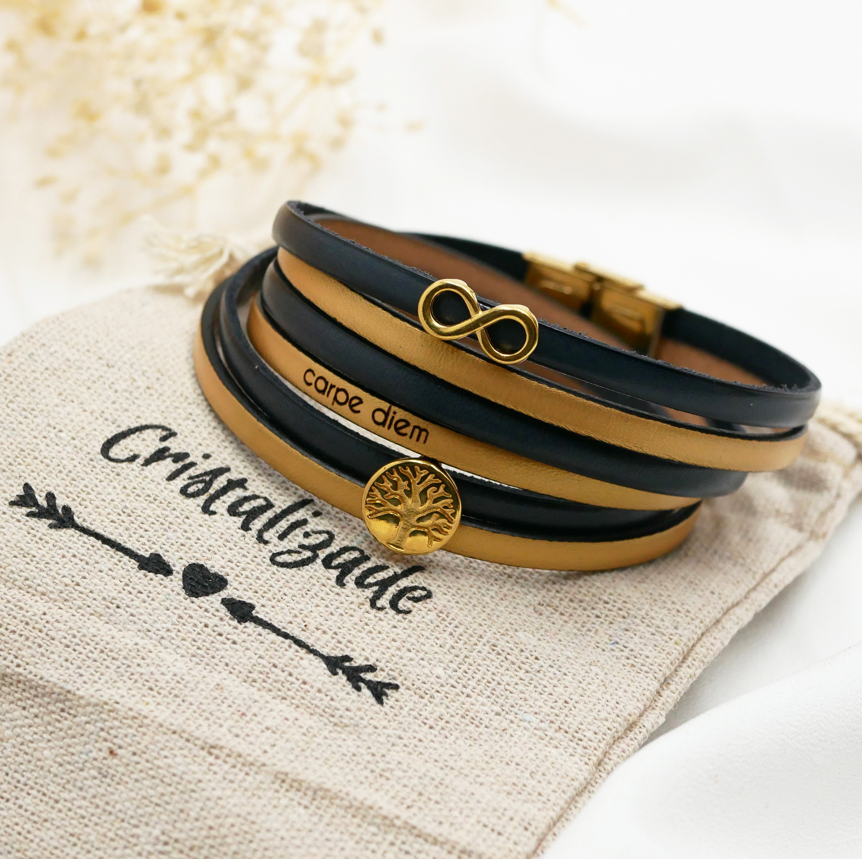Pulsera de cuero multivuelta s&iacute;mbolo del infinito con cabuj&oacute;n dorado del &aacute;rbol de la vida para personalizar  