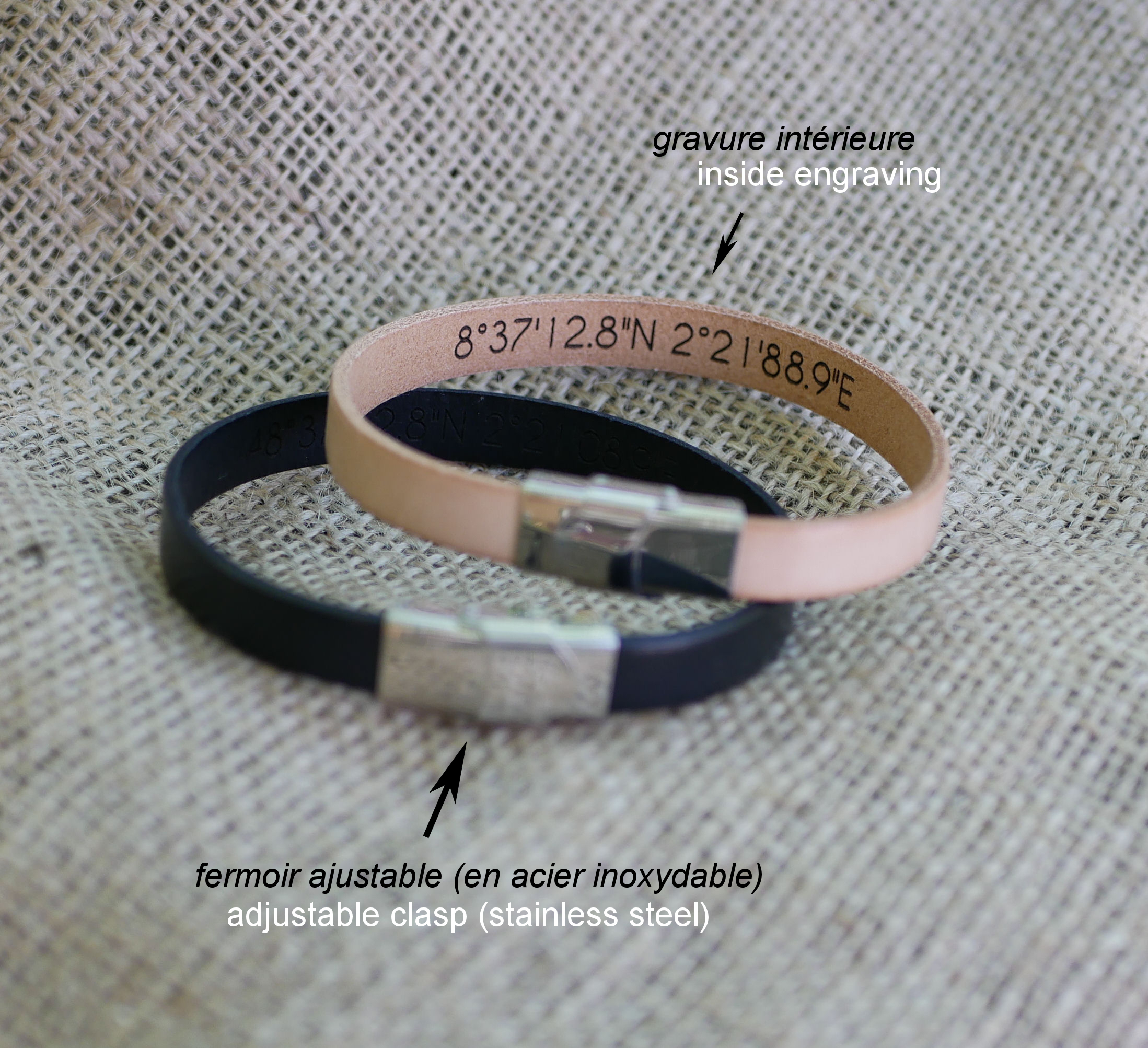 Regalo gourmet para parejas: 2 pulseras de cuero personalizadas mediante grabado 