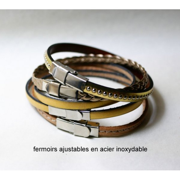 Pulseras de cuero apilables en tonos dorados y met&aacute;licos