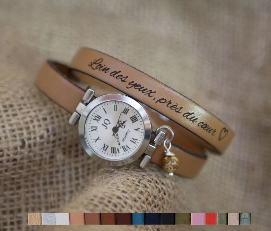 Reloj pulsera de piel 2 vueltas personalizable con esfera plateada