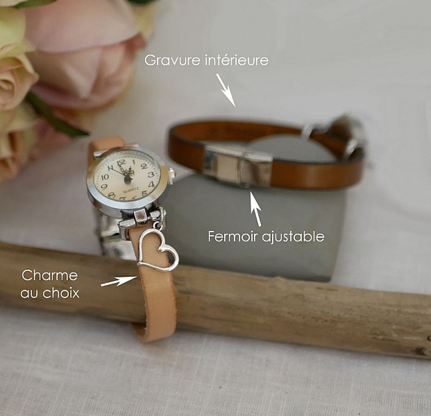 Montre personnalisable en cuir avec breloque cœur et gravure.