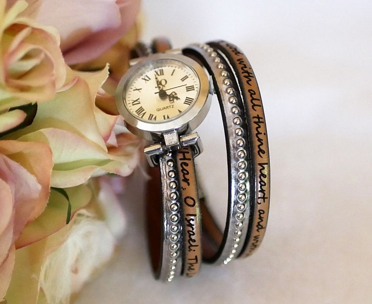 Reloj plateado doble correa de cuero cuentas color elecci&oacute;n para personalizar 