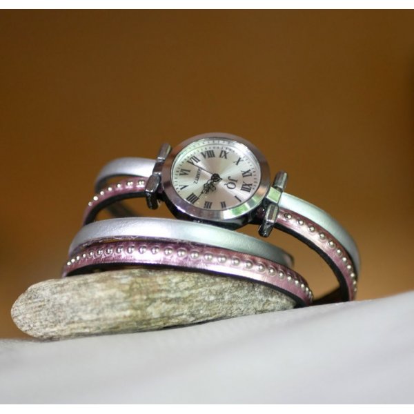 Reloj con doble correa de piel metalizada rosa para personalizar 