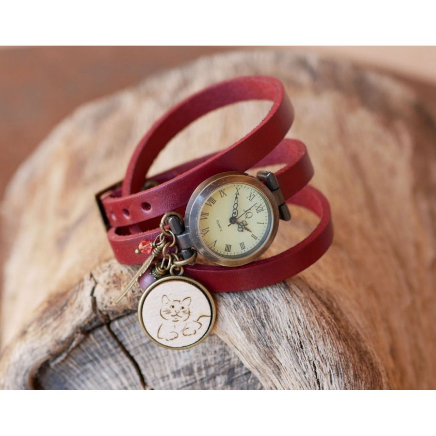 Reloj pulsera de cuero con cabujón de madera para grabar