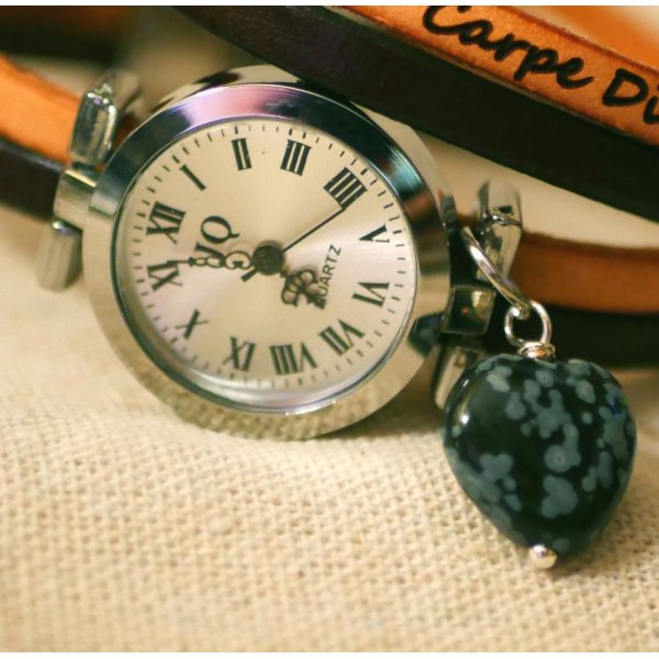 Reloj con doble correa de piel y coraz&oacute;n de piedra obsidiana, colores personalizables 