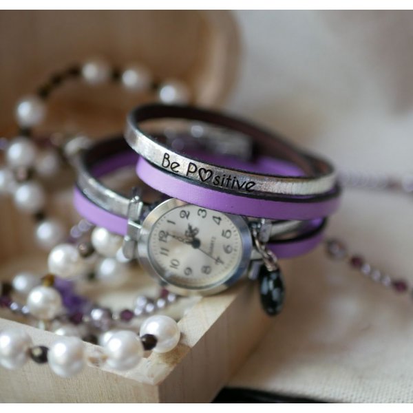 Reloj con doble correa de piel y coraz&oacute;n de piedra obsidiana, colores personalizables 