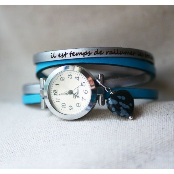 Reloj con doble correa de piel y coraz&oacute;n de piedra obsidiana, colores personalizables 