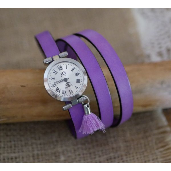 Reloj pulsera cuero Lila 2 o 3 vueltas con pomp&oacute;n