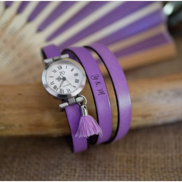 Reloj pulsera cuero Lila 2 o 3 vueltas con pomp&oacute;n
