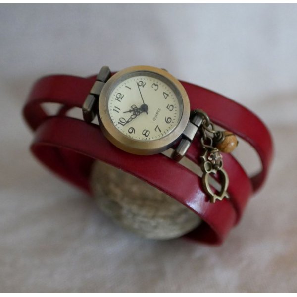 Reloj pulsera cuero 2 o 3 vueltas con perla y colgante