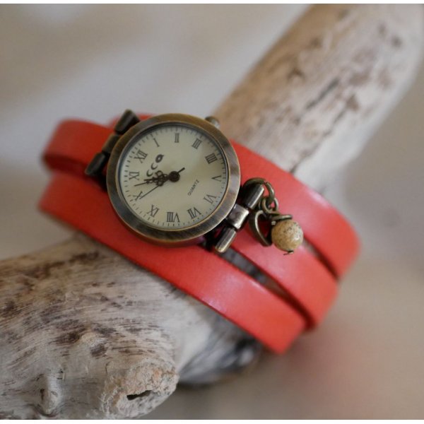 Reloj pulsera cuero 2 o 3 vueltas con perla y colgante