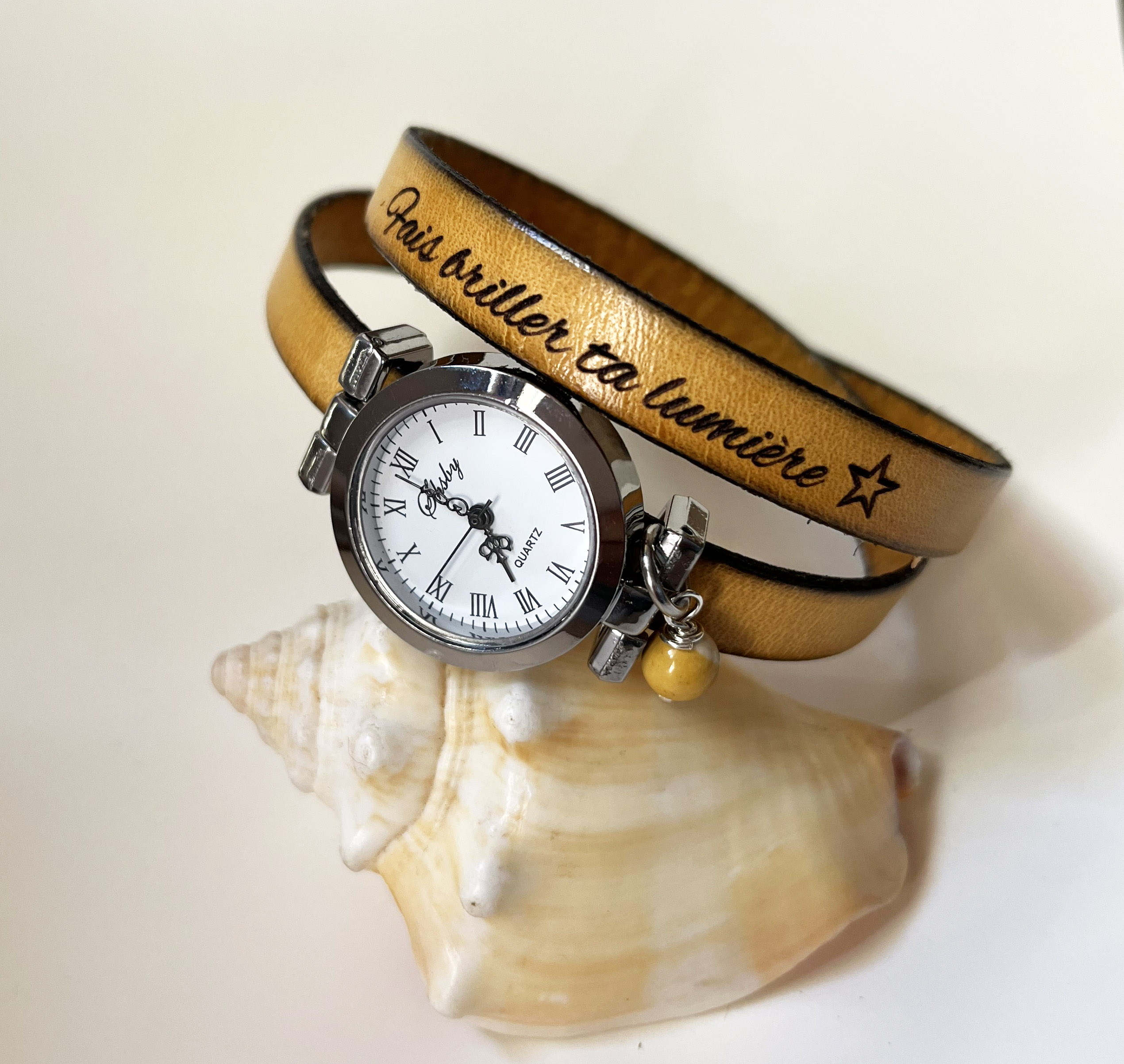 Reloj pulsera de piel 2 vueltas personalizable con esfera plateada