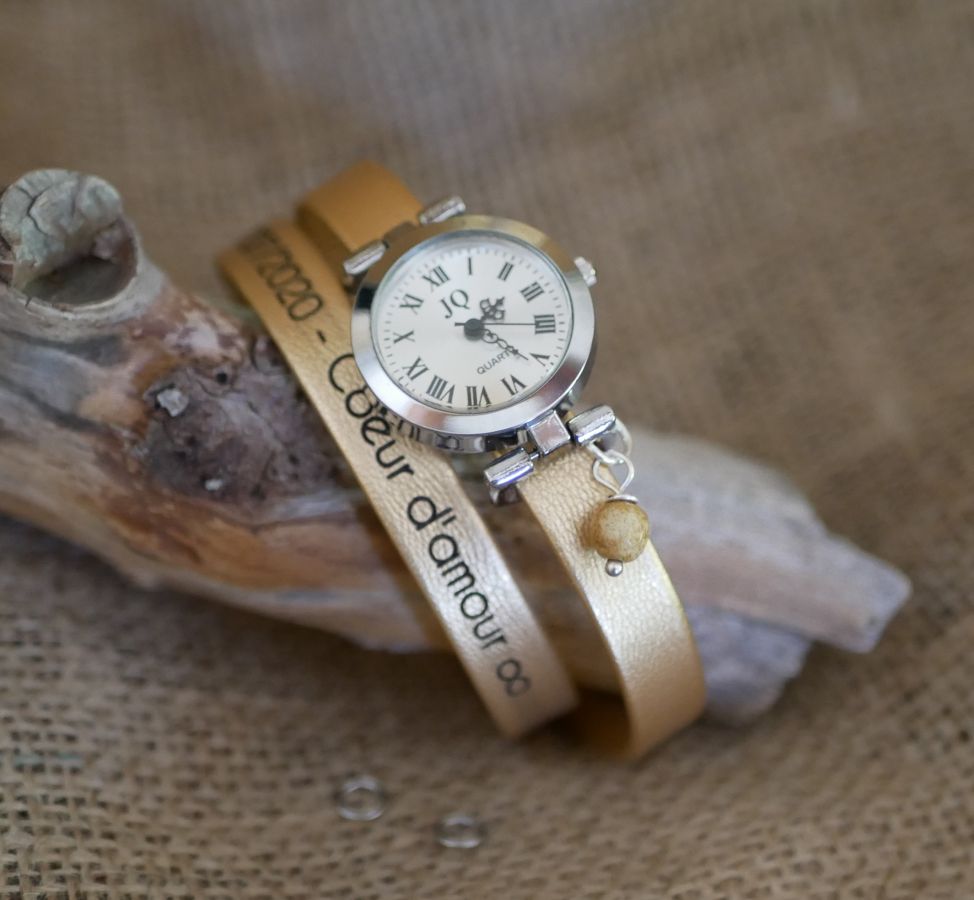 Reloj pulsera de piel 2 vueltas personalizable con esfera plateada