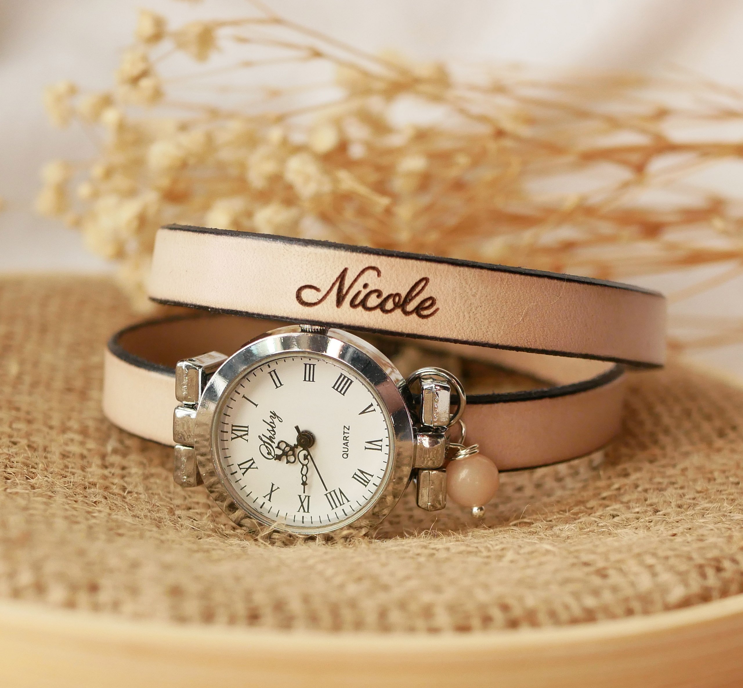 Reloj pulsera de piel 2 vueltas personalizable con esfera plateada