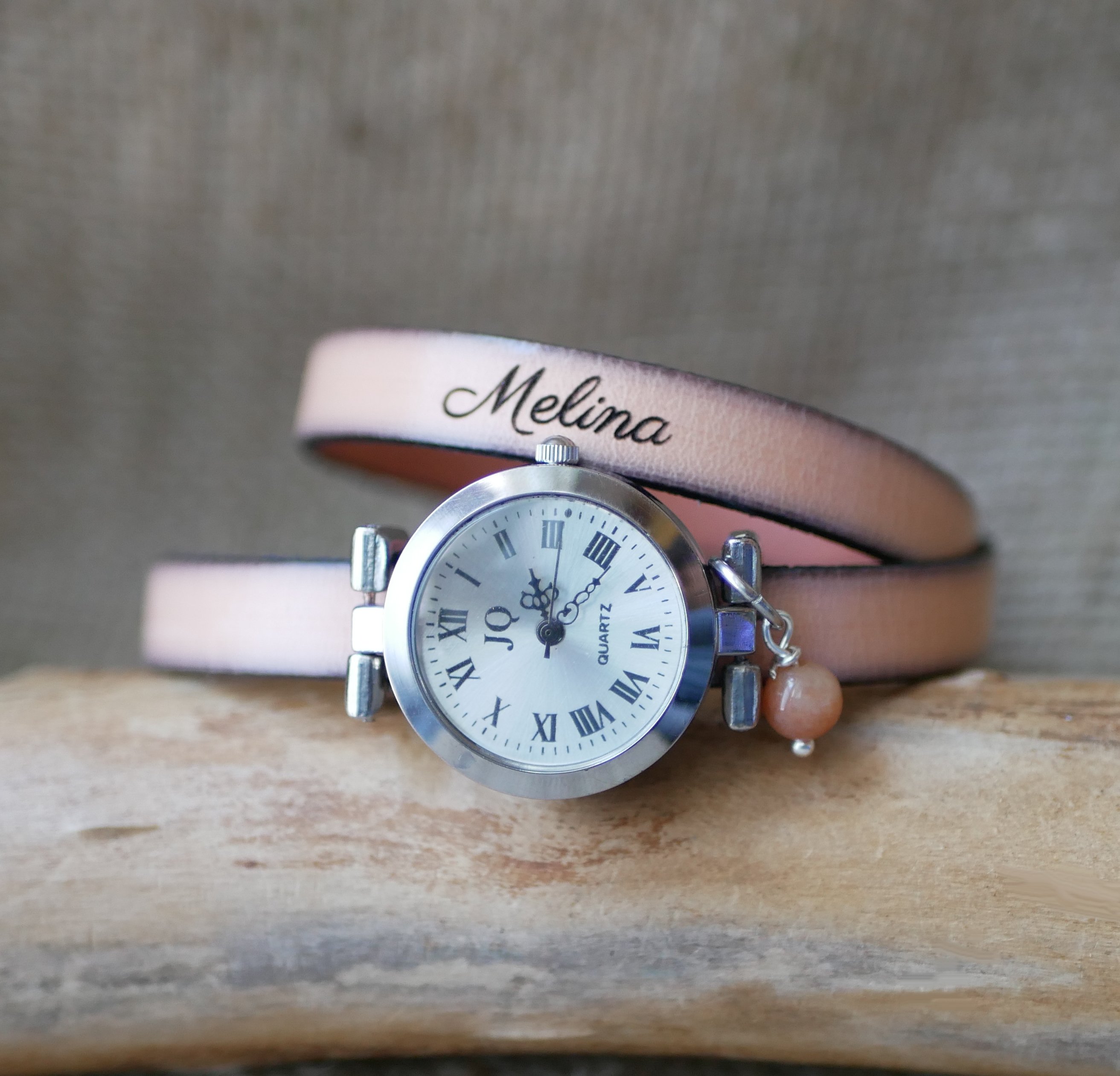 Reloj pulsera de piel 2 vueltas personalizable con esfera plateada