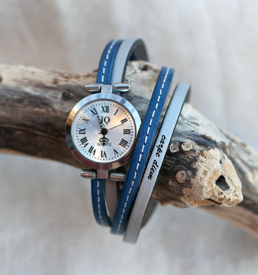 Reloj con doble correa de piel con pespunte azul y un segundo color a elegir personalizado 