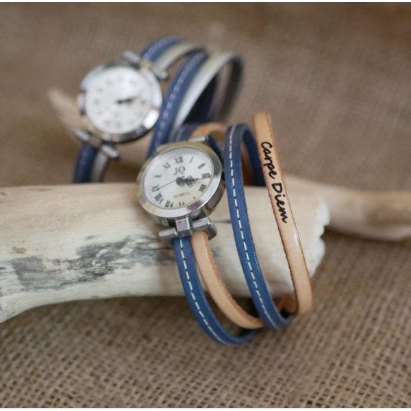 Reloj con doble correa de piel con pespunte azul y un segundo color a elegir personalizado 