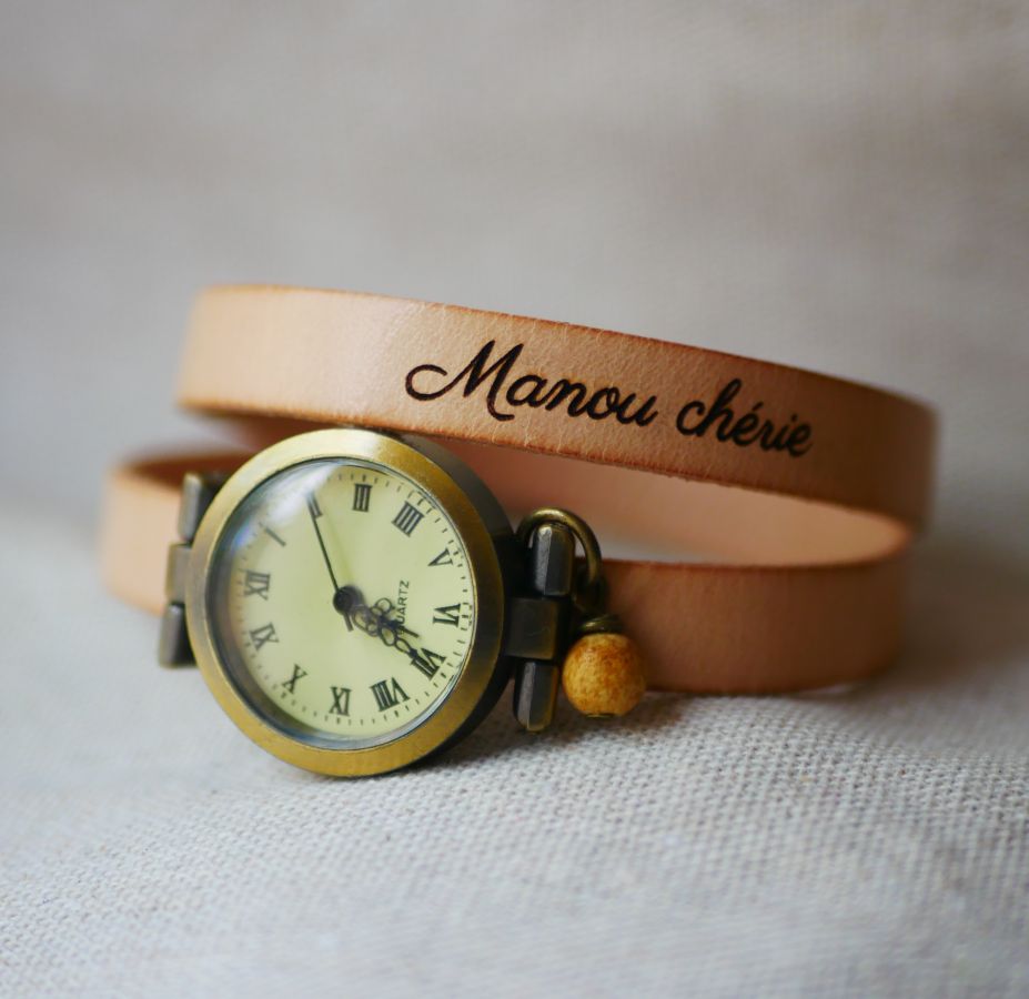 Reloj pulsera de cuero bronce 2 vueltas cierre ajustable