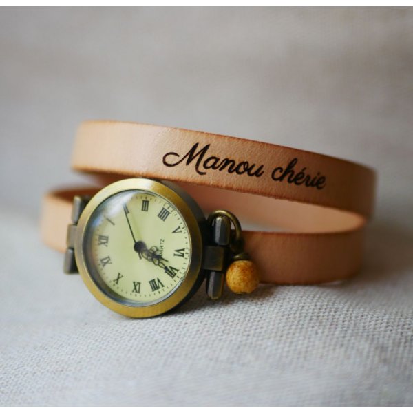 Reloj pulsera de cuero bronce 2 vueltas cierre ajustable