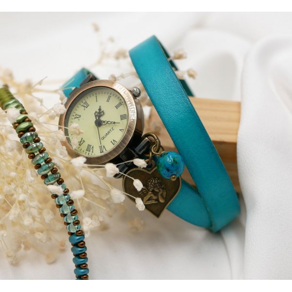 Reloj pulsera de cuero bronce 2 vueltas cierre ajustable