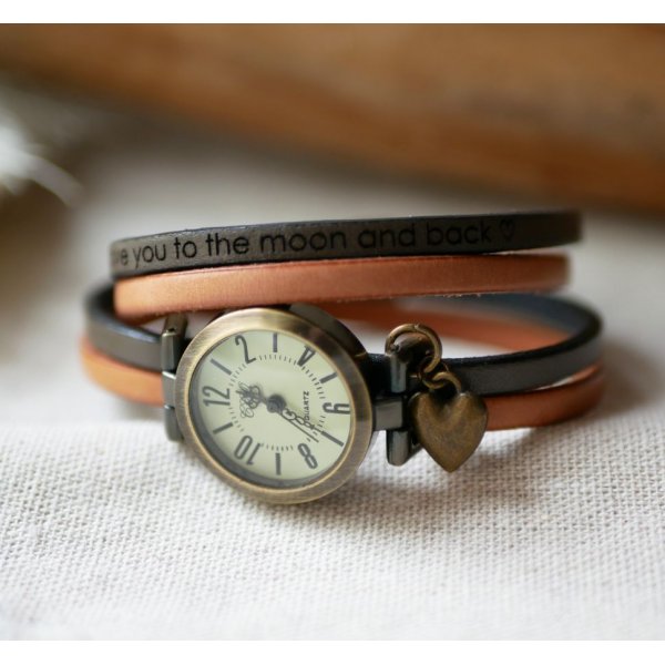 Reloj personalizable con esfera de bronce y n&uacute;meros &aacute;rabes en una correa de piel de 2 vueltas 