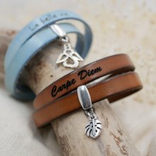 Pulsera de cuero doble personalizada para grabar con un colgante de su elección