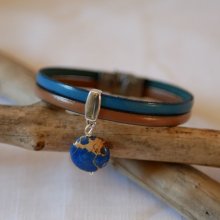 Pulsera dúo de cuero con piedra disco de jaspe azul 