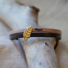 Pulsera dúo de cuero y espiga de trigo dorada, personalizable, regalo de boda para mujer