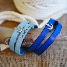 Pulsera de cuero con doble pulsera, adorno de ancla azul marino, personalizable 