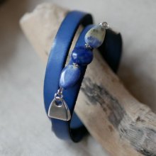 Pulsera de cuero y perlas para mujer Lapislázuli azul a personalizar 