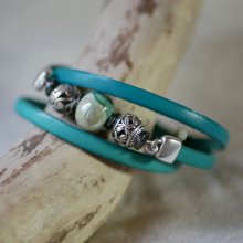 Pulsera de cuero y perlas para mujer, verde turquesa, a personalizar 