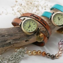 Reloj pulsera de cuero bronce 2 vueltas cierre ajustable