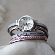Reloj con doble correa de piel metalizada rosa para personalizar 