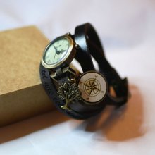 Reloj pulsera de cuero con cabujón de madera para grabar